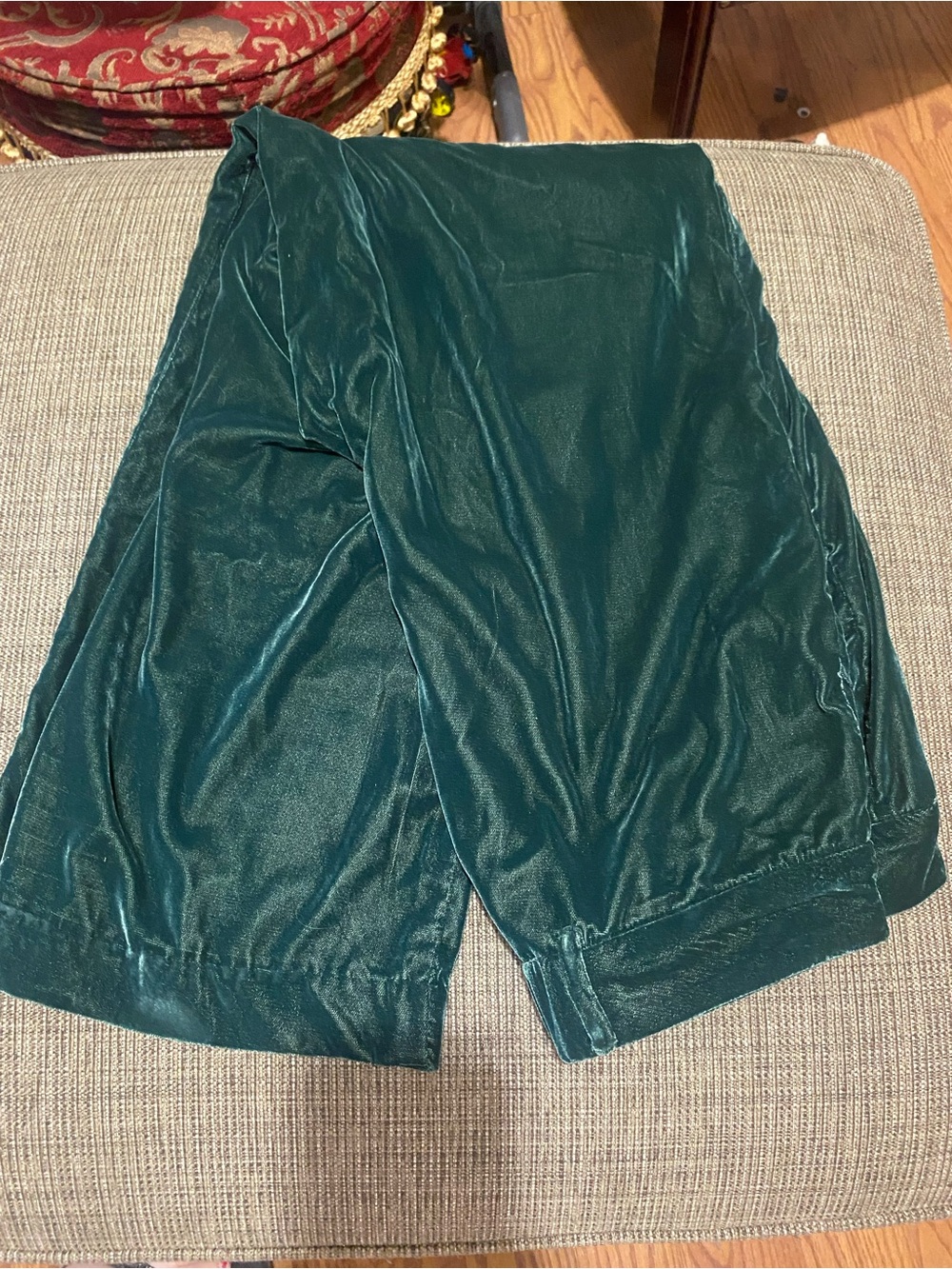 Old Navy green velvet wide-leg trousers.